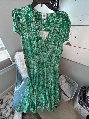 CAbi Green & White Printed Wrap Midi Dress